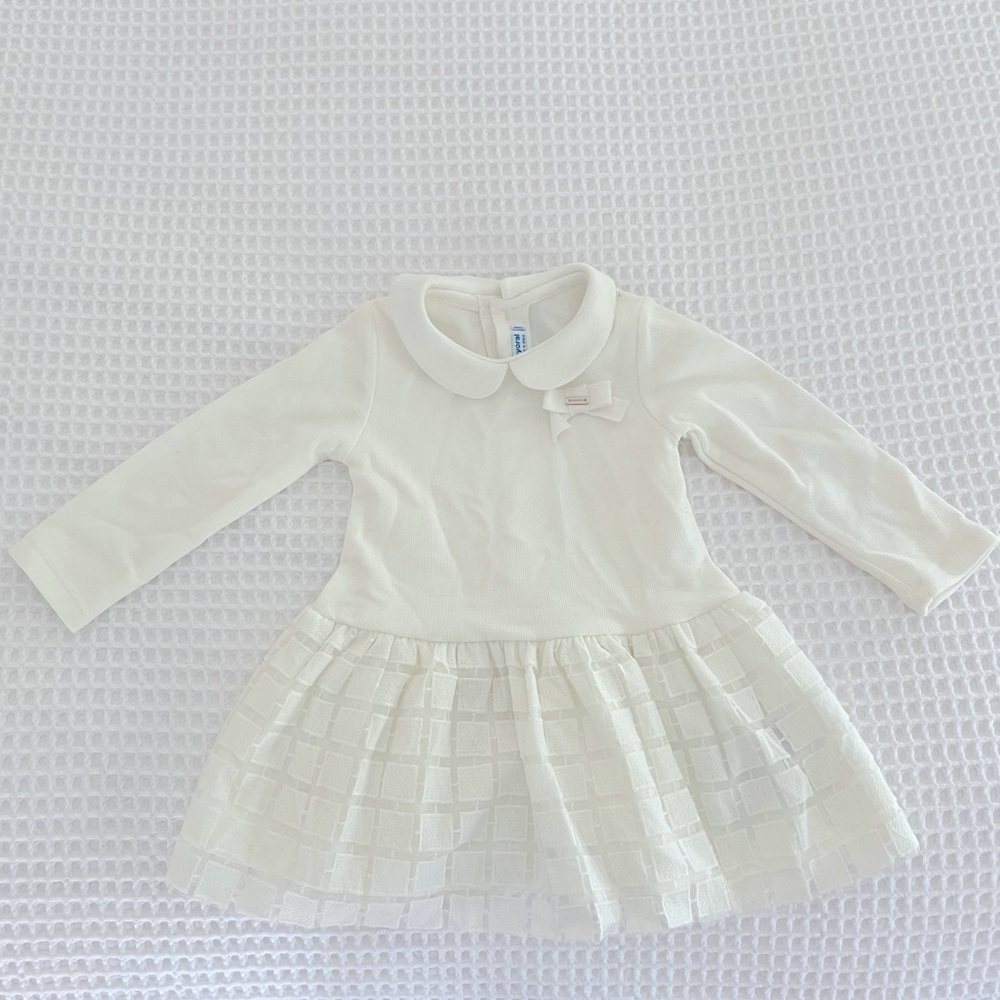 New With Tags - Mayoral #2949 white knit dress with square detail skirt - 12m